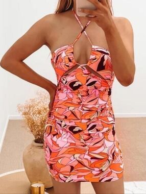 SWEET POT Neon Tropical Multicolor Ruched Bodycon Halter Cut-out Mini Dress Sz 2